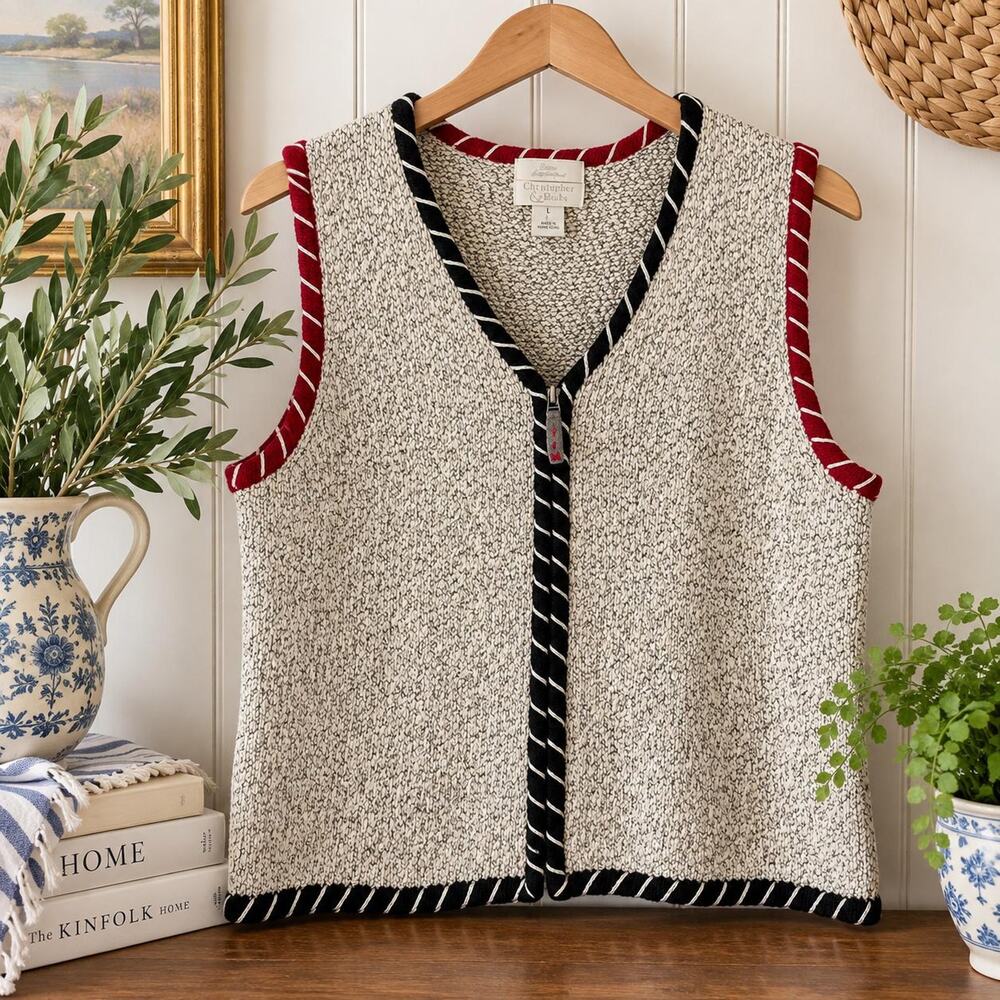 Vintage Christopher & Banks Knit Vest Size L Cream Black Red Whipstitch Zip